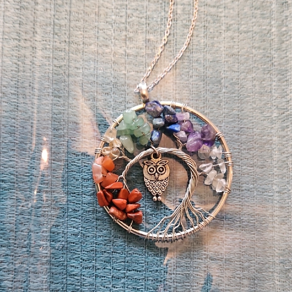 Silver Tree of Life Pendant Necklace with Multicolor Gemstones